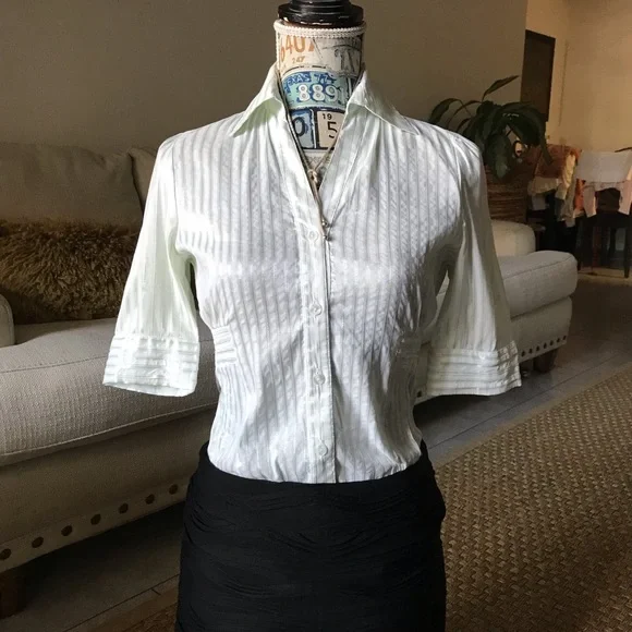 White green stripes fitted stretchy shirt sleeve blouse S - Picture 3 of 11